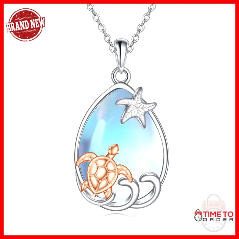 Sterling Silver Moonstone Sea Turtle Pendant Necklace 18+2 Inch Chain